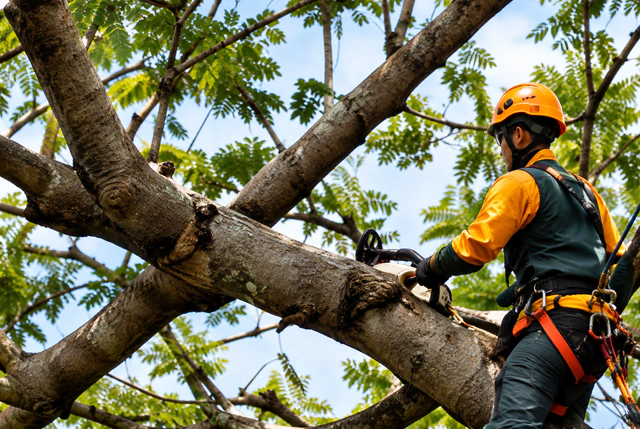 Tree worker safely removing a large branch