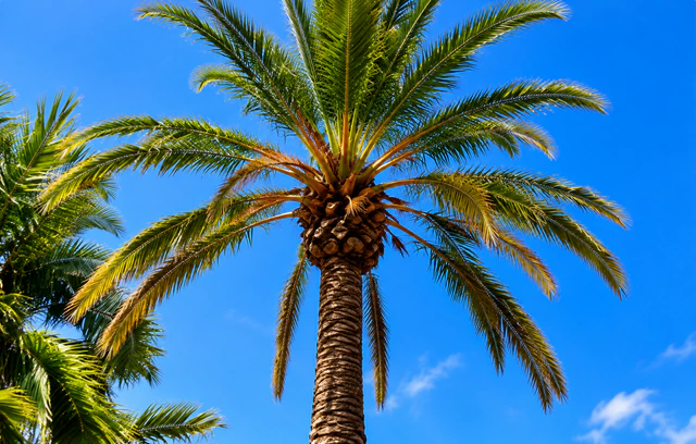 Palm tree against a bright blue sky